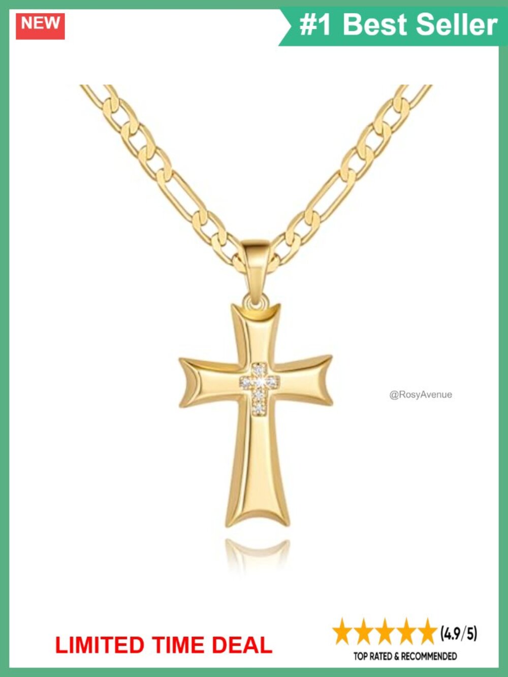 Cross Necklace Gold Plated Ribbon Edge CZ Pendant 22 Inch